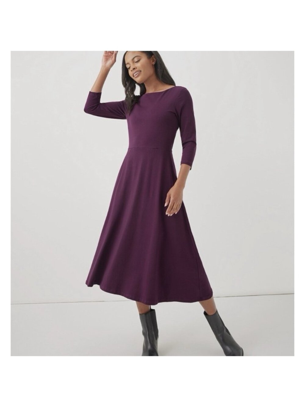 Pact Fit & Flare Midi Dress High Neck 3/4 Sleeve Plum Purple Twist Back Sz S